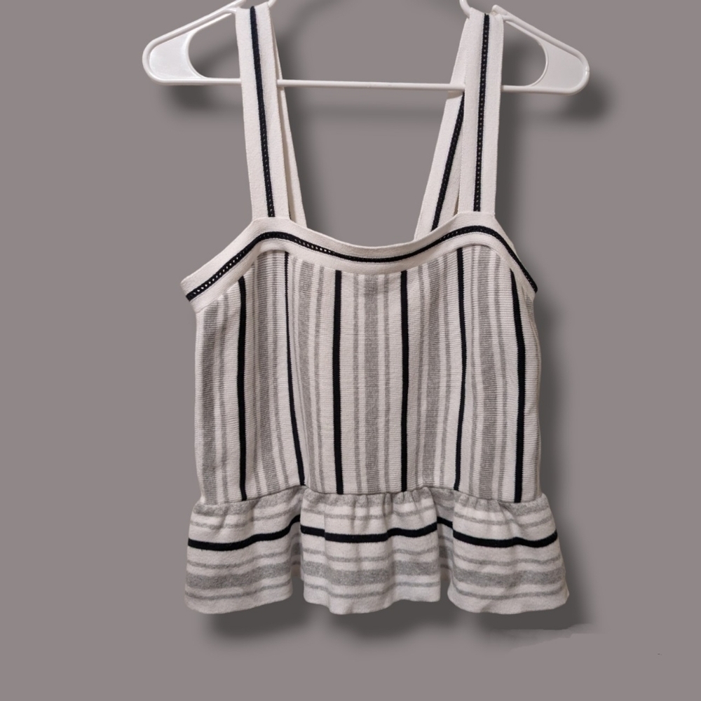 Banana Republic Black White Striped Cotton Sweater Knit Peplum Ruffle Tank Top